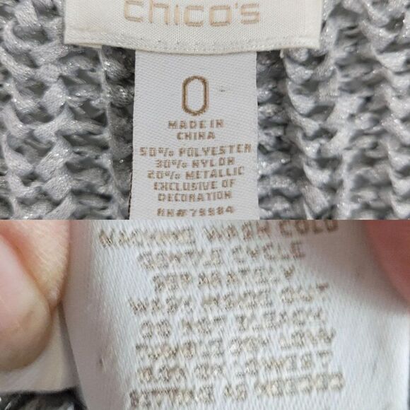 Chico's Cardigan Formal Silver Open Knit Short Sleeve Sheer Lettuce Ruffle 0 - Picture 4 of 16